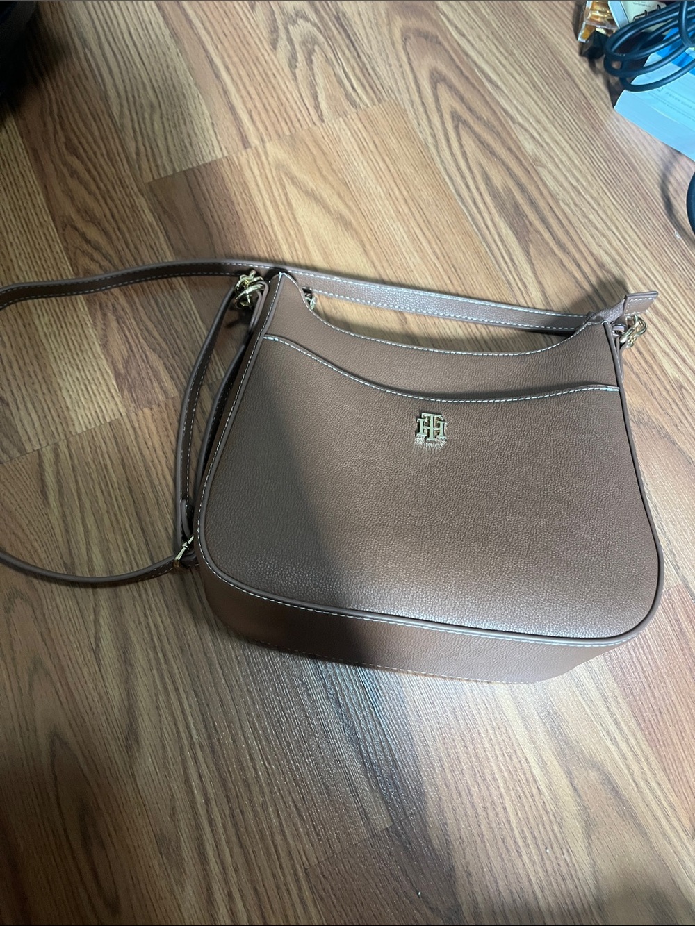 Tommy Hilfiger Taupe/Brown Pebbled Leather Crossbody Bag